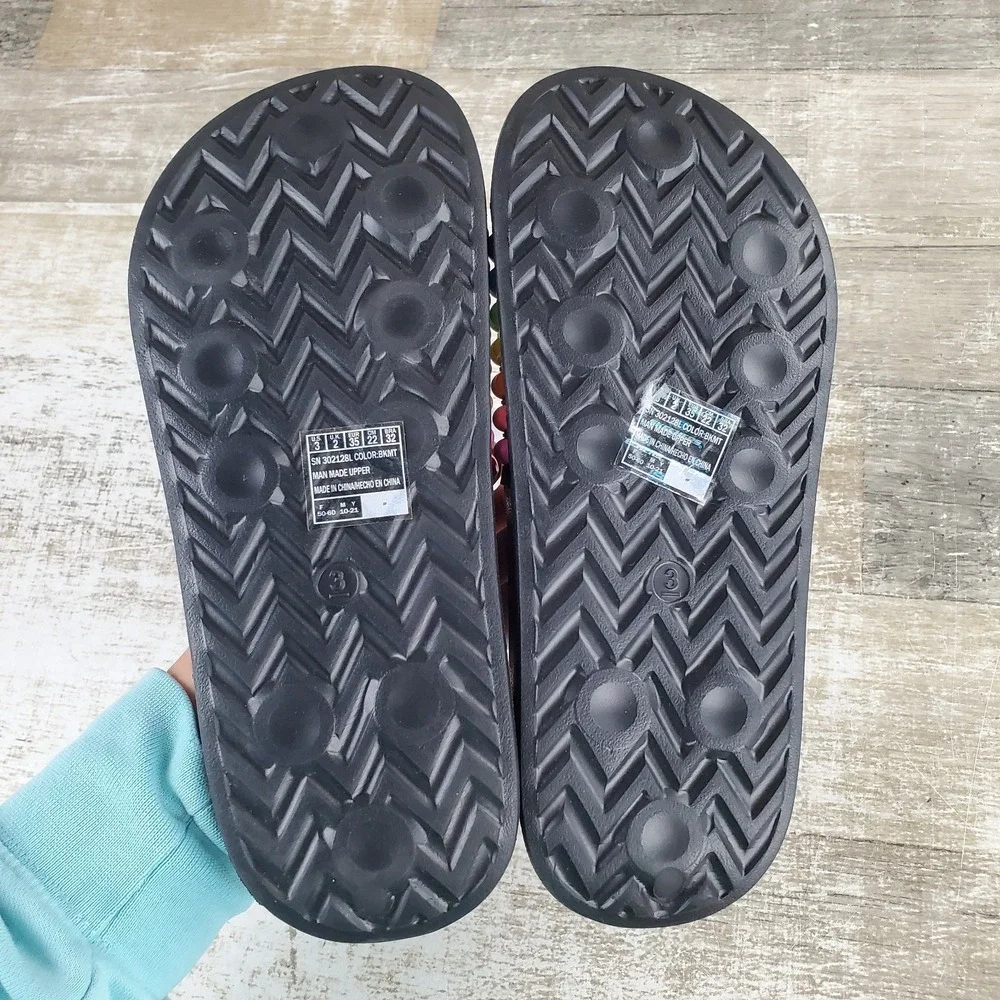 Skechers Girls Rainbow Slides Sandal Sz 3 Black Multi Striped Open Round Toe